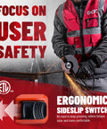 Focus on user safety with ergonomic sideslip switch on heavy-duty 4-1/2-inch angle grinder for metal and wood.