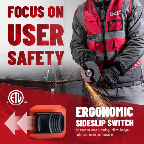 Focus on user safety with ergonomic sideslip switch on heavy-duty 4-1/2-inch angle grinder for metal and wood.