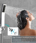 Built To Last High Pressure All Metal Rain Shower Head With Handheld Combo in use, showing water flow on a woman's hair