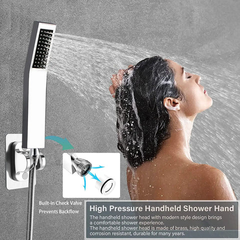 Built To Last High Pressure All Metal Rain Shower Head With Handheld Combo in use, showing water flow on a woman's hair