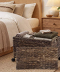 Large Rolling Wicker Storage Basket Made From Water Hyacinth in bedroom, 15.5 Gallon Chest With Smooth Rolling Wheels, Removable Lid