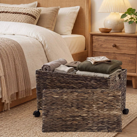 Large Rolling Wicker Storage Basket Made From Water Hyacinth in bedroom, 15.5 Gallon Chest With Smooth Rolling Wheels, Removable Lid