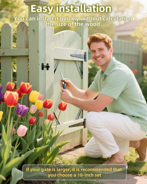 Man installing Gate Frame Kit With 8 Inch Hinges And Gate Latch For Wooden Shed And Barn Doors, surrounded by tulips