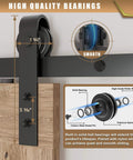 8 Foot Sliding Barn Door Hardware Kit For Single Doors 42 To 48 Inches Wide with detailed view of roller system and dimensions