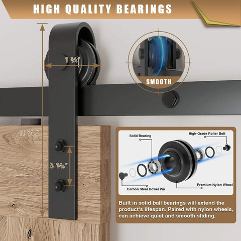 8 Foot Sliding Barn Door Hardware Kit For Single Doors 42 To 48 Inches Wide with detailed view of roller system and dimensions