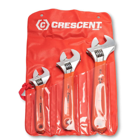 Three Piece Adjustable Cushion Grip Wrench Set With 6 Inch, 8 Inch And 10 Inch Jaw Wrenches, Wide Knurl For Easy Adjustments