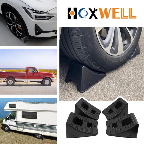 4 Pack Wheel Chocks For Travel Trailers And RVs, Non Slip Stackable And Lightweight Wheel Stoppers For Cars Campers And Trucks, 8.1 By 6.1 By 4.5 Inches, Black.