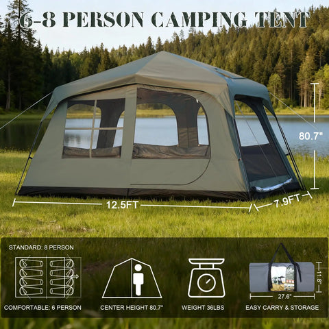 Family Cabin Tent For 6-8 With Porch And 2 Rooms, Waterproof Glamping Tent, 3 Doors, Tall And Spacious, Big Outdoor Camping Tent For Backyard, Hiking 