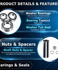 W10435302 Tub Seal And Bearing Kit With Drive Shaft Replacement For Whirlpool Cabrio Maytag Bravos Xl Kenmore Oasis Top Load Washer Motor Coupler. Steel and rubber washer bearings, shaft nuts, and spacer details.
