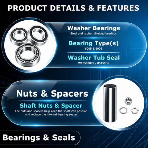 W10435302 Tub Seal And Bearing Kit With Drive Shaft Replacement For Whirlpool Cabrio Maytag Bravos Xl Kenmore Oasis Top Load Washer Motor Coupler. Steel and rubber washer bearings, shaft nuts, and spacer details.