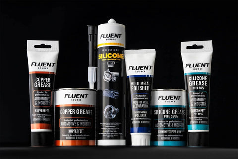 Front view of various Fluent Source lubricants, including Copper Based Anti Seize Lubricant 11 oz for high-temp fasteners.