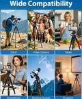 Beefy Heavy Duty Aluminum Camera Tripod With 19 To 75 Inch Extendable Height in various usage scenarios outdoors and indoors.