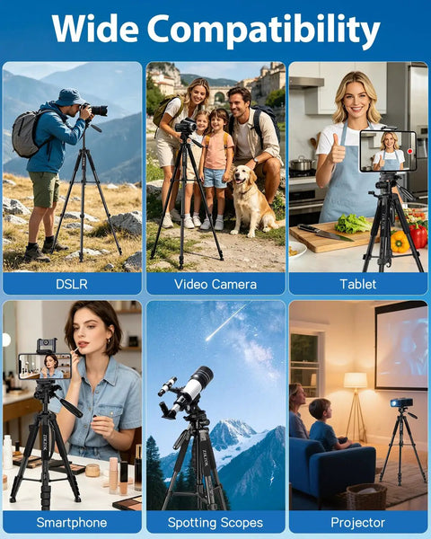 Beefy Heavy Duty Aluminum Camera Tripod With 19 To 75 Inch Extendable Height in various usage scenarios outdoors and indoors.