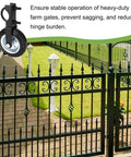 Heavy Duty 10 Inch Farm Gate Wheel With Galvanized Steel Frame And Smooth Rubber Tires Includes Adjustable U Bolt Clamp on a gate.