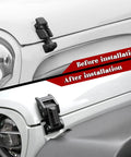 Before and after installation of Jeep Hood Latches Aluminum Hood Catch For Wrangler JK JKU JL JLU Gladiator 2007 Through 2025 Pair