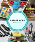 Collage of 3D printed models including airplane, carousel, castle, tools, and number puzzle.
