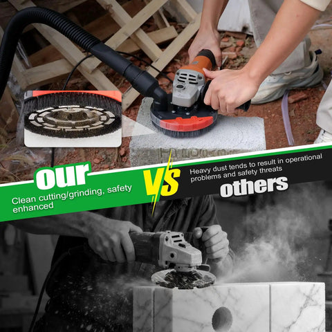 Dust Shroud For Angle Grinder 4.5 To 5 Inch With 360 Degree Detachable Connector Universal Fit Includes 2 Pack 5 Inch Diamond Cup Wheels Keeps Dust Down On Concrete Cement Marble Granite Surfaces shown in use