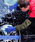 Person washing car with 3 Pair Long Waterproof Gloves For Heavy Duty Work Reusable PVC Chemical Resistant 28 Inch Padded Cotton Lined Acid And Oil Resistant Durable Rubber Gloves For Home Garden Jobsite.