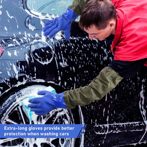 Person washing car with 3 Pair Long Waterproof Gloves For Heavy Duty Work Reusable PVC Chemical Resistant 28 Inch Padded Cotton Lined Acid And Oil Resistant Durable Rubber Gloves For Home Garden Jobsite.
