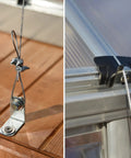 Heavy Duty Ground And Foundation Anchor Kit For Canopia Nature Greenhouses And Skylight Sheds Keeps Your Structure Steady In High Winds With Easy Top Mount Installation Compatible With Canopia Nature Series showing cable and mounting hardware in place on wood and metal surfaces.