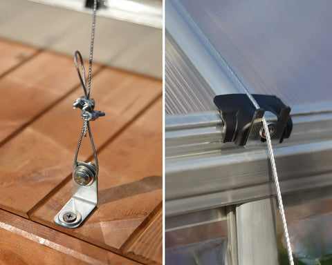 Heavy Duty Ground And Foundation Anchor Kit For Canopia Nature Greenhouses And Skylight Sheds Keeps Your Structure Steady In High Winds With Easy Top Mount Installation Compatible With Canopia Nature Series showing cable and mounting hardware in place on wood and metal surfaces.