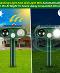 Ultrasonic Outdoor Animal Deterrent With Motion Sensor For Cats Squirrels And Other Critters Solar Powered Yard Shield Garden Repellent Waterproof Pest Defense Stake 110 Degree PIR Wide Angle Two Modes With Or Without Flashing Lights showing day and night modes in garden setting.