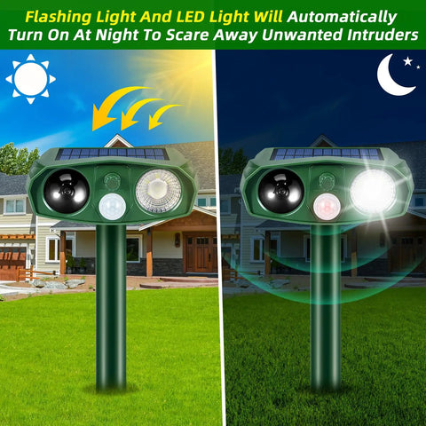 Ultrasonic Outdoor Animal Deterrent With Motion Sensor For Cats Squirrels And Other Critters Solar Powered Yard Shield Garden Repellent Waterproof Pest Defense Stake 110 Degree PIR Wide Angle Two Modes With Or Without Flashing Lights showing day and night modes in garden setting.