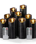 Set Of 9 Black Textured Flameless LED Real Wax Pillar Candles With Remote Control And Timer, 5 to 9 Inches Varied Heights