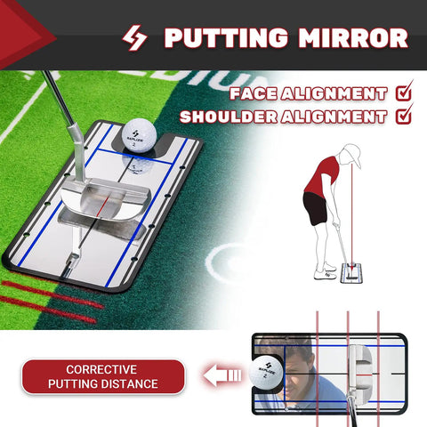 Golf Putting Mat With Alignment Mirror, Two Speed Practice Mat For Indoor And Outdoor Use, 20 Inch By 10 Foot, Anti Slip Backing