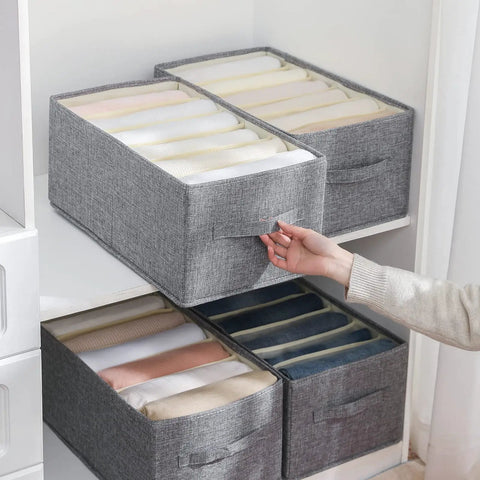 Wardrobe Clothes Organizer For Folded Clothes 6 Grid Closet Organizer with reinforced handles, grey fabric cubes in closet shelf