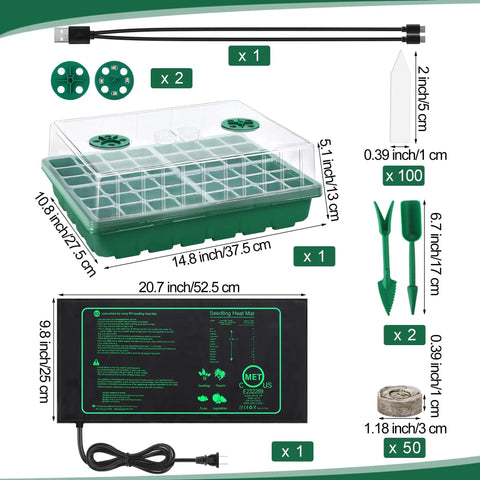 Seed Starter Kit With Grow Light And Heat Mat, 48 Cell Seed Tray, Humidity Dome And Base Germination Trays, Plastic Propagation Kit For Easy Seed Starting, Green