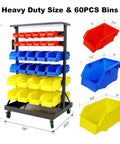 Six Tier Rolling Bin Storage Rack With Sixty Color Coded Bins On Smooth Wheels Dual Sided Parts Organizer With Top Tray Heavy Duty Steel Frame And 350 Lb Capacity Ideal For Garage Workshop And Utility Space