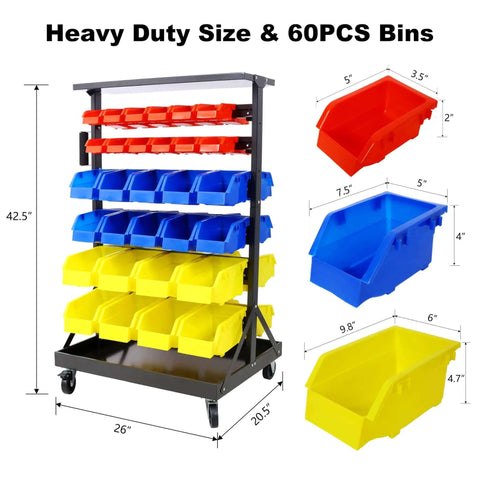 Six Tier Rolling Bin Storage Rack With Sixty Color Coded Bins On Smooth Wheels Dual Sided Parts Organizer With Top Tray Heavy Duty Steel Frame And 350 Lb Capacity Ideal For Garage Workshop And Utility Space