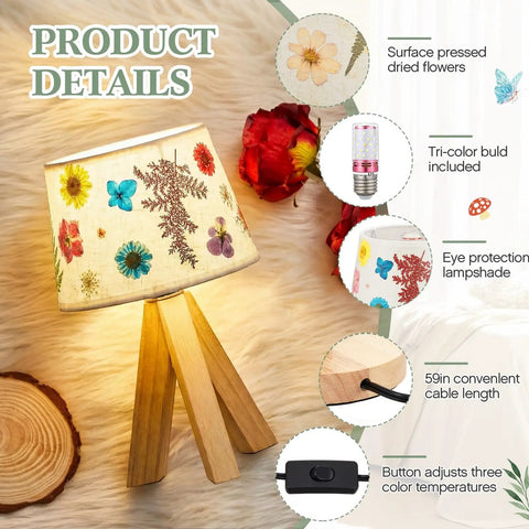 Pressed Flower Table Lamp With Gift Box Set showcasing dried flowers on linen shade, wood base, tri-color bulb, for cozy cottagecore decor.