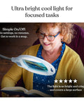 Woman reading with LightView Pro LED Magnifying Floor Lamp with Full Page Glass Lens, Daylight Full Spectrum Light, Gooseneck design