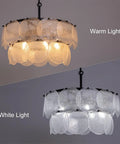 Two-Tier Farmhouse Glass Chandelier With Seeded Glass Shades in warm and white light, round frame, 19.7 inch wide