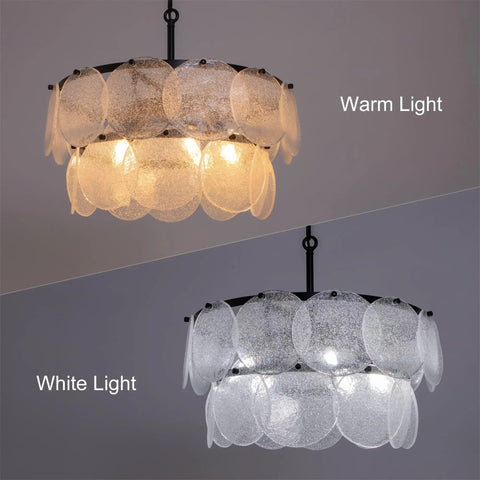 Two-Tier Farmhouse Glass Chandelier With Seeded Glass Shades in warm and white light, round frame, 19.7 inch wide