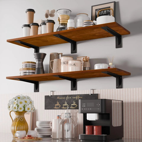 Beefy Heavy Duty L Shelf Brackets 6 Pack Matte Black 20 By 5.6 Inch supporting kitchen shelves with jars and cups