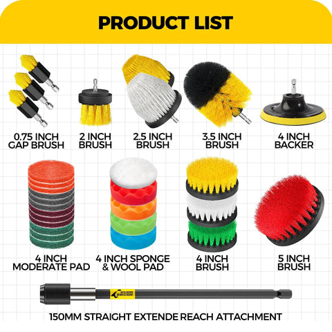 Holikme 30-pack drill brush attachments set with extendable reach attachment and assorted pads and sponges