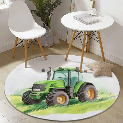 7Ft Round Area Rug For Living Room And Dining Table, Green Farm Tractor Grassland Circle Rug under small table and chair