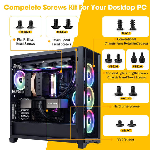 524 Piece PC Screw Kit For Full Rig Build With Motherboard Standoffs And Screws For M2 NVMe SSDs HDD Case Fans And PSU Includes Case Screws Gaskets And A Phillips Screwdriver pictured with various screw types and PC components.