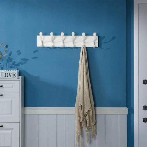 Wooden Wall Coat Rack With Six Hooks White Finish Modern Space Saving Wall Hanger for coats on blue wall with beige scarf hanging