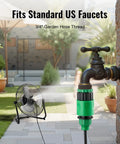 14 Inch Magnetic Misting Outdoor Fan With Wall Mount Kit Snap On Mist System beside garden hose on patio