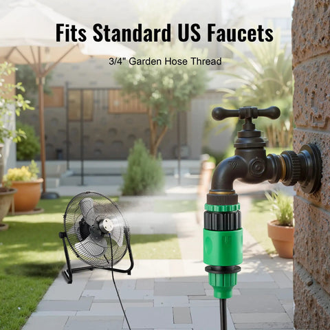 14 Inch Magnetic Misting Outdoor Fan With Wall Mount Kit Snap On Mist System beside garden hose on patio