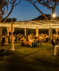 Outdoor wedding with warm white Outdoor Curtain Lights 20ft x 10ft With 600 LEDs Plug In Hanging String Lights backdrop.
