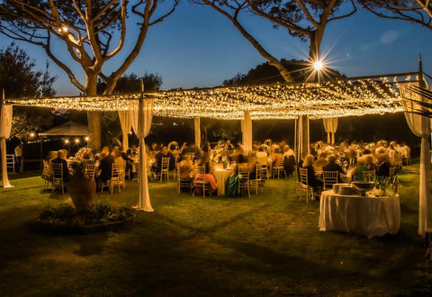 Outdoor wedding with warm white Outdoor Curtain Lights 20ft x 10ft With 600 LEDs Plug In Hanging String Lights backdrop.