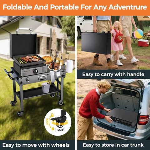 Your Go-To Portable Grill Cart for Blackstone 17 and 22 Inch Griddles with foldable stand, storage shelf, and gas tank holder
