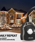 Dual Grounded Outdoor Timer Outlet with 24 Hour Mechanical Dial and Repeating On Off Schedule in front of decorated house