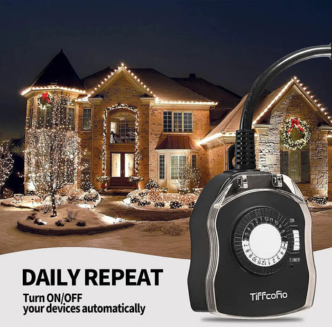 Dual Grounded Outdoor Timer Outlet with 24 Hour Mechanical Dial and Repeating On Off Schedule in front of decorated house