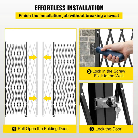 Effortless installation steps for Heavy Duty Double Folding Security Gate Eighty Seven Inches Tall By One Hundred Fifty Inches Wide Built Like A Tank With Fourteen Gauge Steel And Black Powder Coat For Serious Perimeter Lock Down.